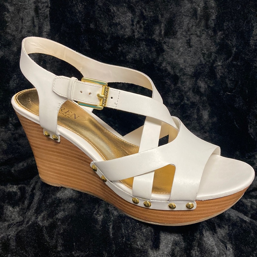 Ralph Lauren White Leather Wedge Sandals